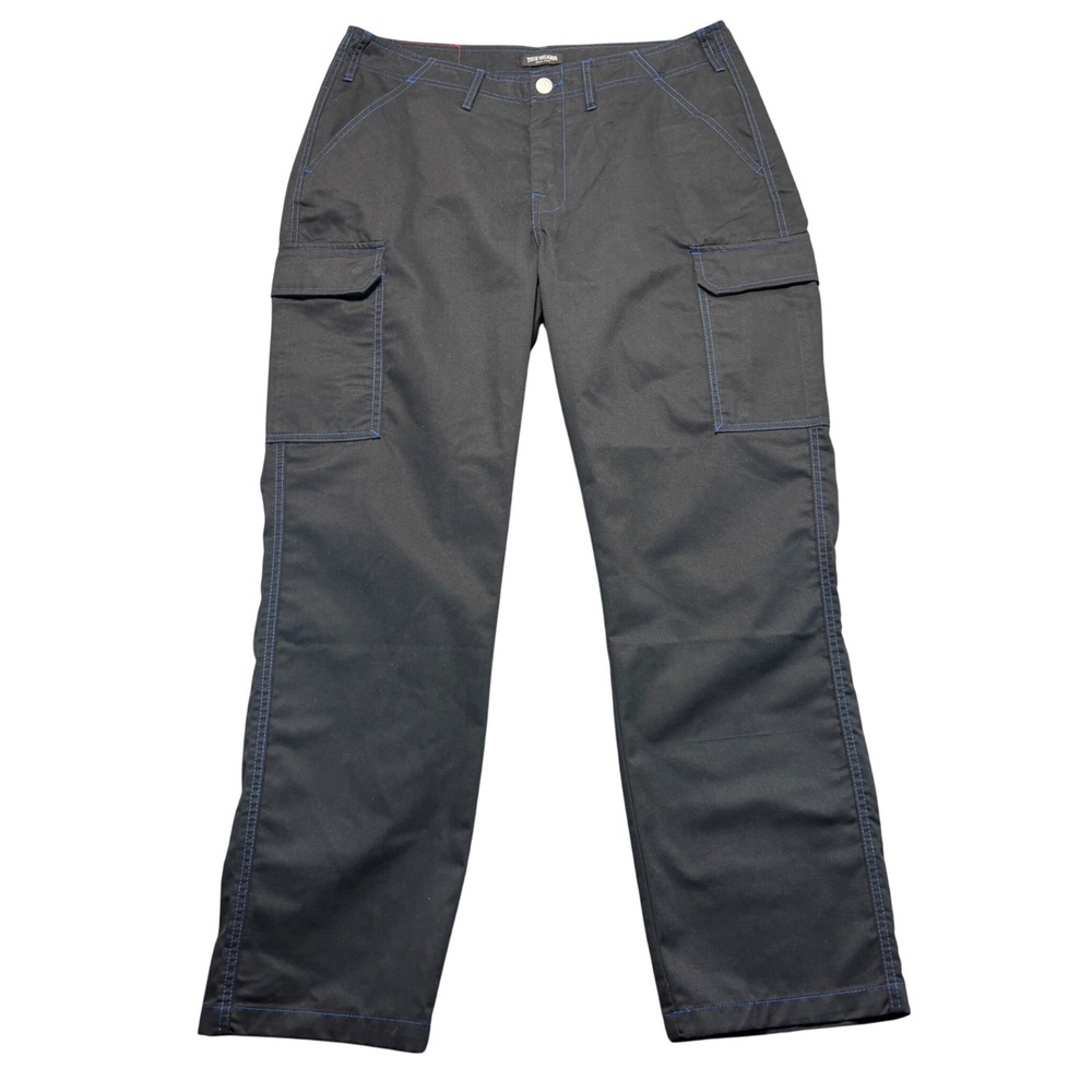 True Religion Mens Cargo Pants Jet Black Pacific Blue Stitching Size 36